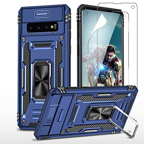 YmhxcY Hülle Für Samsung Galaxy S10 Und Explosionsgeschützte Displayschutzfolie X2 ，Mit [Upgrade] Slide Camera Cover, Militär Grade Schutzhülle, 360° Drehen Metallständer Magnetic Hülle-Blau von YmhxcY