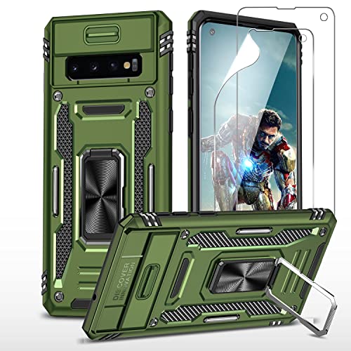 YmhxcY Hülle Für Samsung Galaxy S10 Und Explosionsgeschützte Displayschutzfolie X2 ，Mit [Upgrade] Slide Camera Cover, Militär Grade Schutzhülle, 360° Drehen Metallständer Magnetic Hülle-Olivgrün von YmhxcY