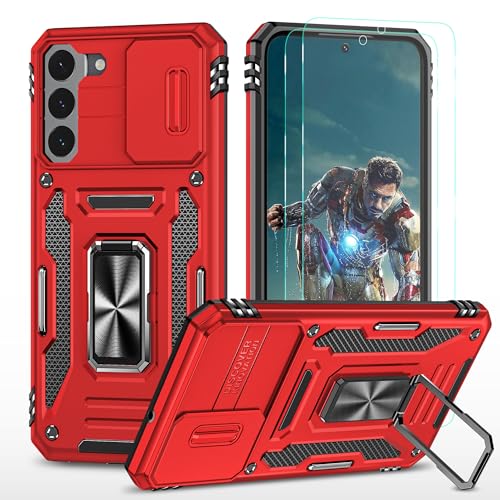 YmhxcY Hülle Für Samsung Galaxy S22 Hülle,*2 Displayschutzfolie,Slide Camera Cover, Militär Grade Schutzhülle, 360°Drehen Metallständer,Für Samsung Galaxy S22 Hülle-Rot von YmhxcY