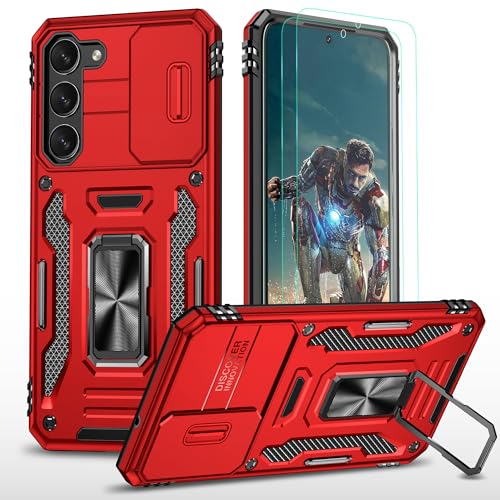 YmhxcY Hülle Für Samsung Galaxy S23 Hülle,*2 Displayschutzfolie,Slide Camera Cover, Militär Grade Schutzhülle, 360°Drehen Metallständer,Für Samsung Galaxy S23 Hülle-Rot von YmhxcY