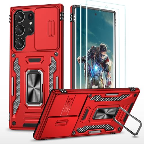 YmhxcY Hülle Für Samsung Galaxy S23 Ultra Hülle,*2 Displayschutzfolie,Slide Camera Cover, Militär Grade Schutzhülle, 360°Drehen Metallständer,Für Samsung Galaxy S23 Ultra Hülle-Rot von YmhxcY