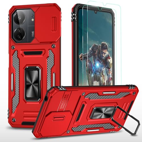 YmhxcY Hülle Für Xiaomi Redmi 13C Hülle,*2 Displayschutzfolie,Slide Camera Cover, Militär Grade Schutzhülle, 360°Drehen Metallständer-Rot von YmhxcY