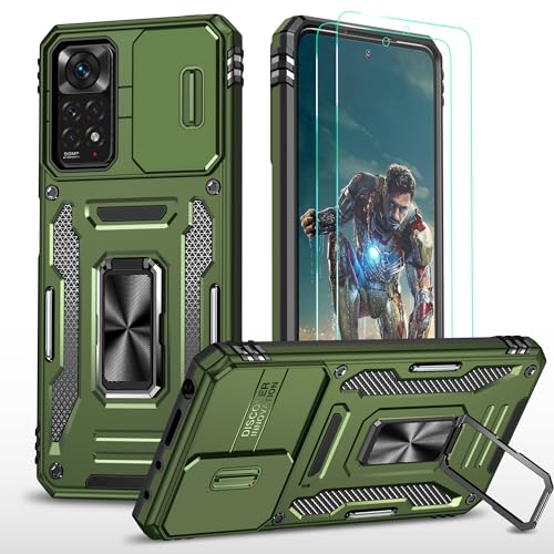 YmhxcY Hülle Für Xiaomi Redmi Note 11 Pro 5G&4G/Note 12 Pro 4G Hülle,*2 Displayschutzfolie,Slide Camera Cover, Militär Grade Schutzhülle, 360°Drehen Metallständer-Olivgrün von YmhxcY