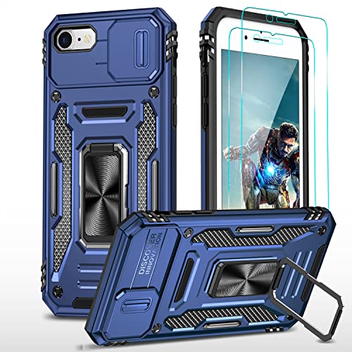 YmhxcY Hülle Für iPhone 7/8/SE 2020/2022 Hülle,*2 Displayschutzfolie,Slide Camera Cover, Militär Grade Schutzhülle, 360°Drehen Metallständer,Für iPhone 7/8/SE 2020/2022 Hülle-Blau von YmhxcY