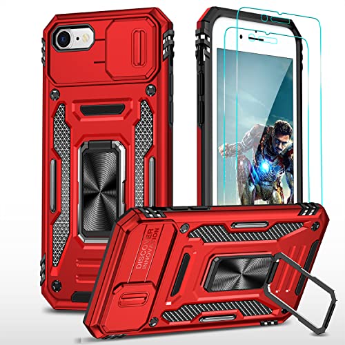 YmhxcY Hülle Für iPhone 7/8/SE 2020/2022 Hülle,*2 Displayschutzfolie,Slide Camera Cover, Militär Grade Schutzhülle, 360°Drehen Metallständer,Für iPhone 7/8/SE 2020/2022 Hülle-Rot von YmhxcY