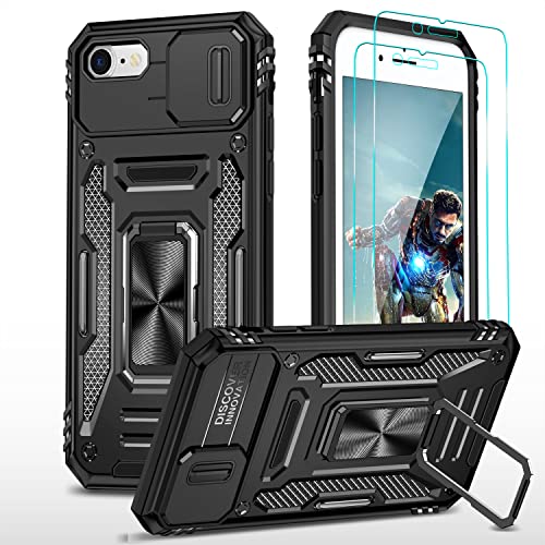 YmhxcY Hülle Für iPhone 7/8/SE 2020/2022 Hülle,*2 Displayschutzfolie,Slide Camera Cover, Militär Grade Schutzhülle, 360°Drehen Metallständer,Für iPhone 7/8/SE 2020/2022 Hülle-Schwarz von YmhxcY