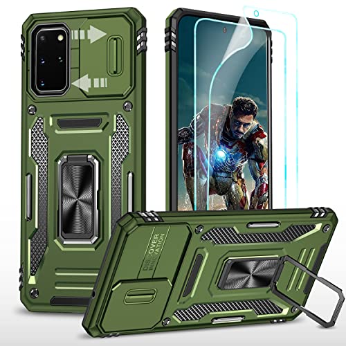 YmhxcY Hülle für Galaxy S20 Plus Hülle,2×Stück Schutzfolie Weich TPU,Schutzhülle Militär Standard,Kameraklappe,360° Drehbare Metall Halterung, Passend für Samsung Galaxy S20 Plus 5G 6.7''-Olivgrün von YmhxcY