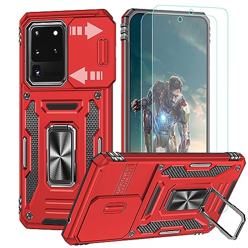 YmhxcY Hülle für Galaxy S20 Ultra Hülle,2×Stück Schutzfolie Weich TPU,Schutzhülle Militär Standard,Kameraklappe,360° Drehbare Metall Halterung, Passend für Samsung Galaxy S20 Ultra 5G 6.9''-Rot von YmhxcY