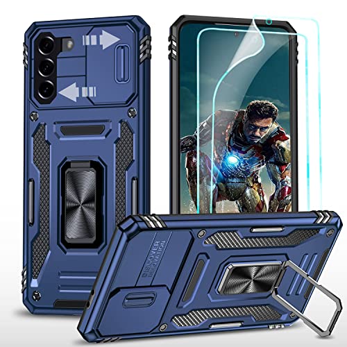 YmhxcY Hülle Für Samsung Galaxy S21 FE Hülle,*2 Displayschutzfolie,Slide Camera Cover, Militär Grade Schutzhülle, 360°Drehen Metallständer,Für Samsung Galaxy S21 FE Hülle-Blau von YmhxcY