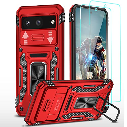 YmhxcY Hülle Für Google Pixel 7 Hülle,*2 Displayschutzfolie,Slide Camera Cover, Militär Grade Schutzhülle, 360°Drehen Metallständer,Für Google Pixel 7 Hülle-Rot von YmhxcY