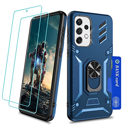 YmhxcY Hülle für Samsung Galaxy A33 5G Handyhülle&Schutzfolie 2 Stück,Hybrid Steckplatzkarte Schutzhülle Militär Standard Cover Case Metall Ring Ständer Halter Handy Hüllen A33 Marineblau von YmhxcY