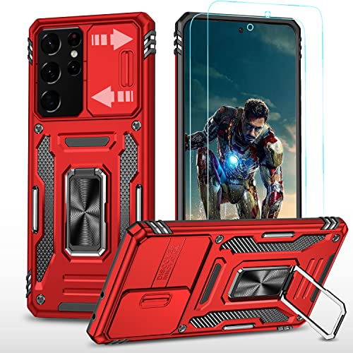 YmhxcY Hülle für Samsung Galaxy S21 Ultra,2*Stück Schutzfolie Weich TPU,Schutzhülle Militär Standard,Kameraklappe,360° Drehbare Metall Halterung,für Samsung S21 Ultra 5G 6.8''-Rot von YmhxcY