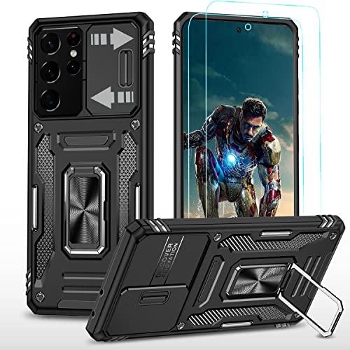 YmhxcY Hülle für Samsung Galaxy S21 Ultra,2*Stück Schutzfolie Weich TPU,Schutzhülle Militär Standard,Kameraklappe,360° Drehbare Metall Halterung,für Samsung S21 Ultra 5G 6.8''-Schwarz von YmhxcY