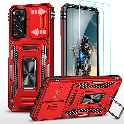 YmhxcY Hülle Für Xiaomi Redmi Note 11/Note 11S 6.43" Hülle,*2 Displayschutzfolie,Slide Camera Cover, Militär Grade Schutzhülle, 360° Drehen Metallständer-Rot von YmhxcY