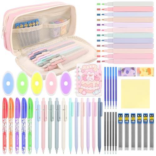 YnewL 54 Stück Schulzubehör mit Mäppchen, 12 Textmarker, 5 Löschbare Stifte, 5 Neutrale Stifte, 6 Druckbleistifte, Aesthetic School Stuff Schulbedarf, Bürobedarf, Schreibwaren Set für Schüler (Rosa) YnewL 54 Stück Schulzubehör mit Mäppchen, 12 Textmarker, 5 Löschbare Stifte, 5 Neutrale Stifte, 6 Druckbleistifte, Aesthetic School Stuff Schulbedarf, Bürobedarf, Schreibwaren Set für Schüler (Rosa) von YnewL