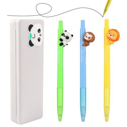 YnewL Niedliches Tier Neutraler Stift - 3 Stück 0,5mm Schwarze Tinte, mit Bringen Sie ein Panda-Federmäppchen - Wählen Sie ein Niedliches Design (Löwe, Panda, Faultier) von YnewL