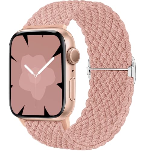 Ynitec Geflochtenes Loop Armband Kompatibel mit Apple Watch 40mm 41mm 38mm 42mm (Series 10), Elastisches Nylon Stoff Armbänder Damen Herren-Sport Band für iWatch 10 9 8 7 6 5 4 3 2 1 SE, HellRosa von Ynitec
