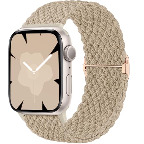 Ynitec Geflochtenes Loop Armband Kompatibel mit Apple Watch 40mm 41mm 38mm 42mm (Series 10), Elastisches Nylon Stoff Armbänder Damen Herren-Sport Band für iWatch 10 9 8 7 6 5 4 3 2 1 SE, Milchtee von Ynitec