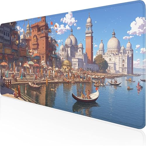 Blau Mauspad Stadt (3) mauspad XXL mit Leder und Rutchfeste Wildleder Wasserfeste Gaming Tischunterlage, Vernähte Kanten Anti Rutsch Desk Mat Unterlage Büro/Home schreibunterlagen 800x300x3mm XY-755 von Ynulann