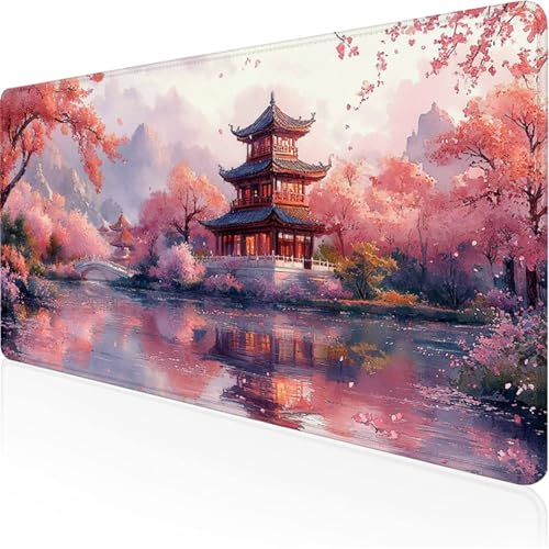 Rosa Mauspad Pavillonmauspad xxl mit Leder und Rutchfeste Wildleder Wasserfeste Gaming Tischunterlage, Vernähte Kanten Anti Rutsch Desk Mat für Unterlage Büro/Home schreibunterlagen 800x400x3mm XY-239 von Ynulann