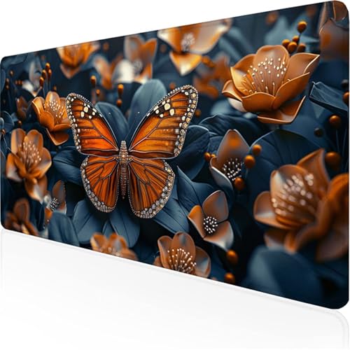 Schreibtischunterlage Orange Farbe Mauspad Schmetterling (2) Rutschfeste Mausmatte Leicht, Reinigen,Wasserdichte Multifunktionales für /Haus/Deko Großer Schreibtisch Gaming Teppich 700x300x3mm XY-22 von Ynulann