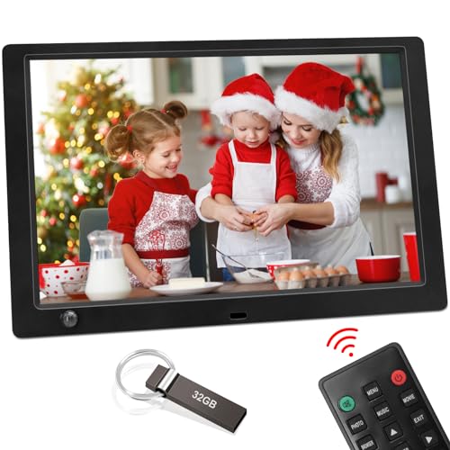 Digitaler Bilderrahmen 10.1 Zoll Bewegungssensor - 1920x1080P IPS-Display Elektronischer Fotorahmen mit 32G USB Stick, Foto/Musik/Video-Player/Uhr/Kalender/Wecker, Automatisch EIN/Aus, Fernbedienung von YoJetSing