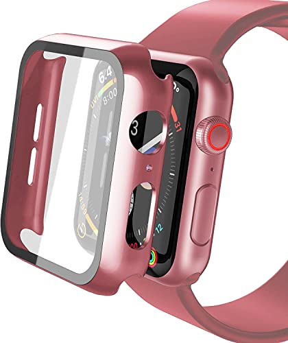 YoLin 2-Stück Mit Glas Ultradünne Displayschutz Kompatibel mit Apple Watch Series 6/ SE/Series 5 / Series 4 44mm, PC All-Around Schutzhülle für iWatch 44mm (1 Rosepink + 1 Transparent) von YoLin