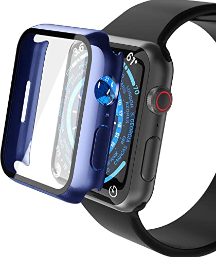 YoLin 2-Stück Mit Glas Ultradünne Displayschutz Kompatibel mit Apple Watch Series 9 / Series 8 / Series 7 41mm, PC All-Around Schutzhülle für iWatch 41mm (1 Blau + 1 Transparent) von YoLin