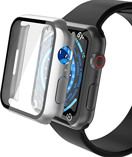 YoLin 2-Stück Mit Glas Ultradünne Displayschutz Kompatibel mit Apple Watch Series 9 / Series 8 / Series 7 41mm, PC All-Around Schutzhülle für iWatch 41mm (1 Silber + 1 Transparent) von YoLin