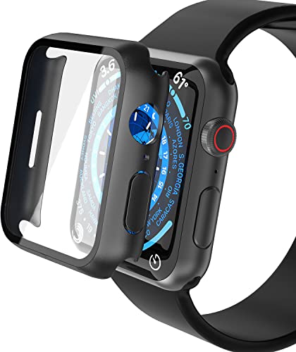 YoLin 2-Stück Mit Glas Ultradünne Displayschutz Kompatibel mit Apple Watch Series 9 / Series 8 / Series 7 41mm, PC All-Around Schutzhülle für iWatch 41mm (2 Schwarz) von YoLin