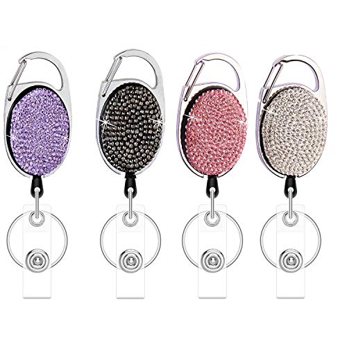 Einziehbare Abzeichenhalter mit Bling Strass Kristall, Abzeichenrolle mit Gürtelclip und Schlüsselring, 24 Zoll dicke Kevlar-Zugschnur. (4 Stück - Silber, Schwarz, Pink und Lila) von YoMaris