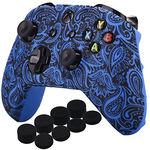 YoRHa Druck Gummi Silikon Hülle Skin Taschen für Xbox One S/X Controller x 1 (Blumen&Blau) Mit PRO Daumengriffe Aufsätze Joystick-Kappen Thumb Grip x 8 von YoRHa