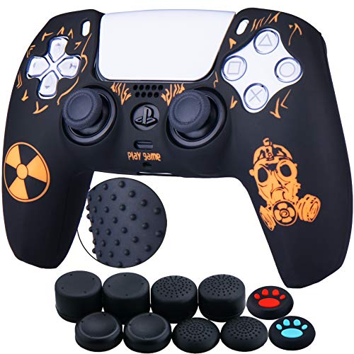 YoRHa Hintere Punkte Carving Silikon Hülle Abdeckungs Haut Kasten für PS5 Controller x 1 (Strahlung Orange) mit Pro Aufsätze Thumb Grips x 10 von YoRHa