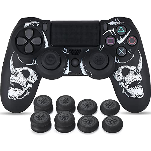 YoRHa Laserschnitzen Silikon Hülle Haut für PS4 Controller x 1 (Schädel schwarz RB) mit Pro Thumb Grips Aufsätze x 8 von YoRHa