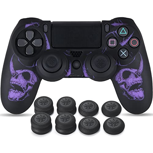 YoRHa Laserschnitzen Silikon Hülle Haut für PS4 Controller x 1 (Violett) mit Pro Thumb Grips Aufsätze x 8 von YoRHa