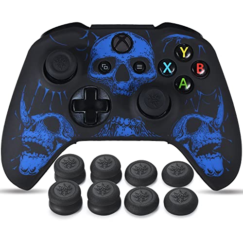 YoRHa Laserschnitzen Silikon Hülle Haut für Xbox One S/X Controller x 1 (Blau) mit Pro Thumb Grips Aufsätze x 8 von YoRHa