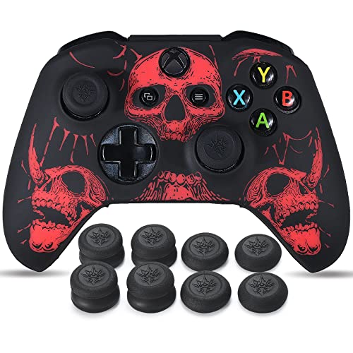 YoRHa Laserschnitzen Silikon Hülle Haut für Xbox One S/X Controller x 1 (Rot) mit Pro Thumb Grips Aufsätze x 8 von YoRHa