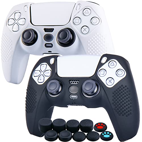 YoRHa Studded Silikon Hülle Abdeckungs Haut Kasten für PS5 Controller x 2 (Schwarz + Weiß) Mit Pro Aufsätze Thumb Grips x 10 von YoRHa