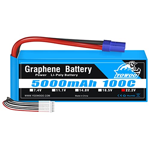 YOWOO Grphene Akku 6S 5000mAh 22.2V 100C mit EC5 Stecker RC Lipo Akku für Mikado LOGO500, Align T-REX 550 600E 700E GAUI X5 Outrage 550 Hirobo SDX Multirotors EDF Jets 600 700 Größe Helikopter von YoWoo Power