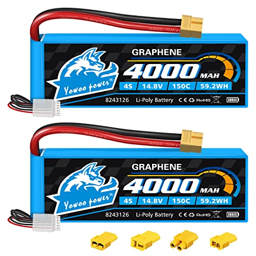 Yowoo 2 PCS 4S Lipo Akku 4000mAh 14.8V Graphen Batterie 150C mit XT60 Stecker für RC Evader BX Auto Buggy Boot Drohnen Slash 1/10 Skala Racing Truck Racing RC Heli Flugzeug (EC3/Deans/Traxxas/Tamiya) von YoWoo Power