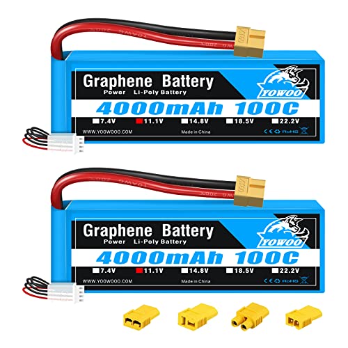 Yowoo 2 Pack 3S Lipo Akku 4000mAh 11.1V 100C Graphen Lipo Batterie mit XT60 Anschluss für RC Auto LKW Boot Flugzeug Hubschrauber Quadcopter (EC3 / Deans/Traxxas/Tamiya) von YoWoo Power