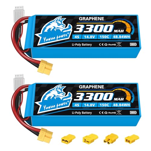 Yowoo 2 Pack 4S Lipo Akku 3300mAh 150C 14.8V Graphen RC Batterie mit XT60 Stecker für RC Auto Truck Flugzeug Heilikopter Boot RC Hobby (einschließlich EC3 / Deans/Traxxas/Tamiya Adapter) von YoWoo Power