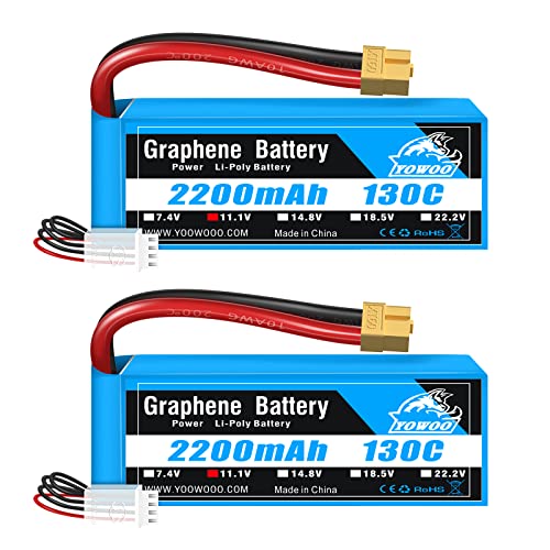 Yowoo 2Pcs 11.1v 3S 2200mAh 130C Lipo Akku mit XT60 Stecker RC Batterie für E-Flite Valiant Parkzone E4F Wildkatze Großflugzeuge E-Cub RC Auto Boot LKW Heli Flugzeug Quadcopter Hubschrauber von YoWoo Power