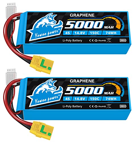 Yowoo 4S Lipo Akku 5000mAh 14.8V 4S1P 150C Graphene Batterie mit XT90-S Anti-Funken Stecker for für RC Auto LKW Evader BX Auto LKW Truggy Buggy (2 Stück) von YoWoo Power