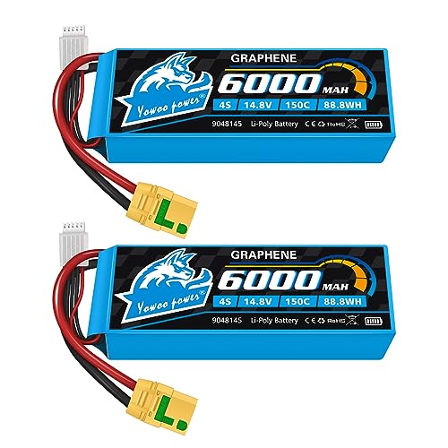 Yowoo 4S Lipo Akku 6000mAh 14,8V 150C RC Graphen Batterie mit Anti-Spark XT90-S Stecker für 1/8 und 1/10 RC Fahrzeuge Auto RC Buggy Truggy RC Flugzeug UAV Drone FPV (2 Packungen) von YoWoo Power