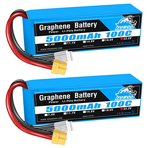 Yowoo 6S Lipo Akku 100C 5000mAh 22.2V Graphene RC Batterie mit XT60 Stecker Kompatibel Arrma 1/5 1/8 1/10 RC Auto und LKW RC Flugzeug Boot Flugzeug Hubschrauber Quadcopter (2-Pack) von YoWoo Power