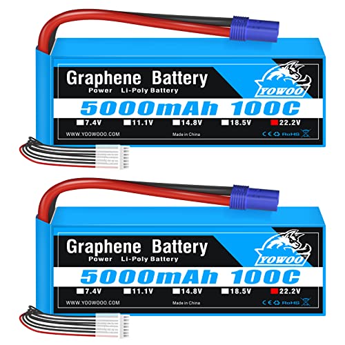 Yowoo 6S Lipo Akku 5000mAh 100C 22.2V Graphen Lipo Batterie mit EC5 Stecker für RC DJI EDF Flugzeug Quadcopter Hubschrauber Auto LKW Boot Hobby (2 Pack) von YoWoo Power