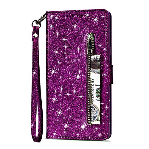 Yobby Glitzer Brieftasche Hülle für Samsung Galaxy S7, Samsung Galaxy S7 Lila Handyhülle Bling Slim Reißverschluss Leder Schutzhülle Flipcase [Stand-Funktion] mit Kartenfach und Handschlaufe von Yobby