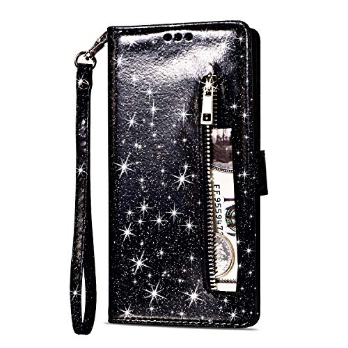 Yobby Glitzer Brieftasche Hülle für Samsung Galaxy S8, Samsung Galaxy S8 Schwarz Handyhülle Bling Slim Reißverschluss Leder Schutzhülle Flipcase [Stand-Funktion] mit Kartenfach und Handschlaufe von Yobby