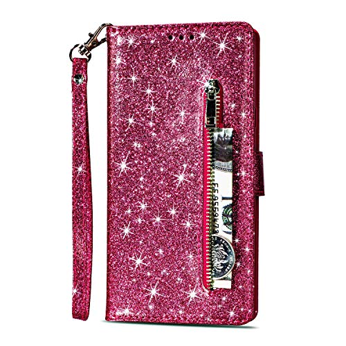 Yobby Glitzer Brieftasche Hülle für Samsung Galaxy S8 Plus, Rose Rot Handyhülle Bling Slim Reißverschluss Leder Schutzhülle Flipcase [Stand-Funktion] mit Kartenfach und Handschlaufe von Yobby